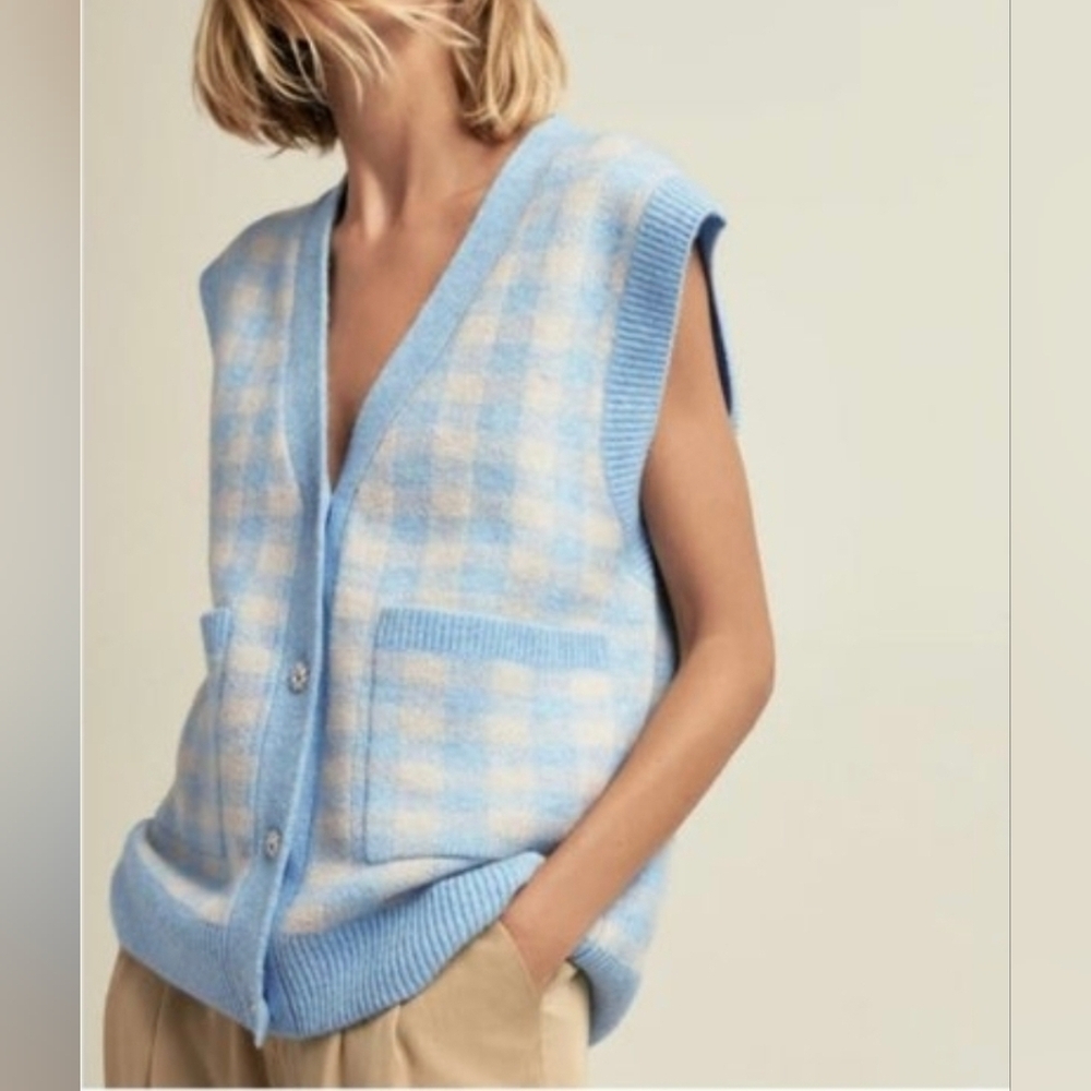 Zara Nwt Knit Blue Check Vest With Rhinestones Buttons Size Small